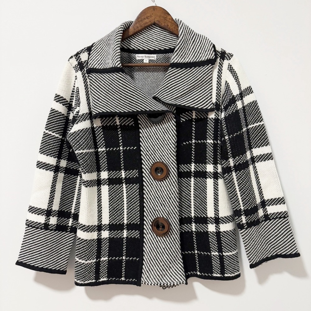 Nicole Alexander Plaid Button Front Cardigan Womens Size Medium Black White Wool